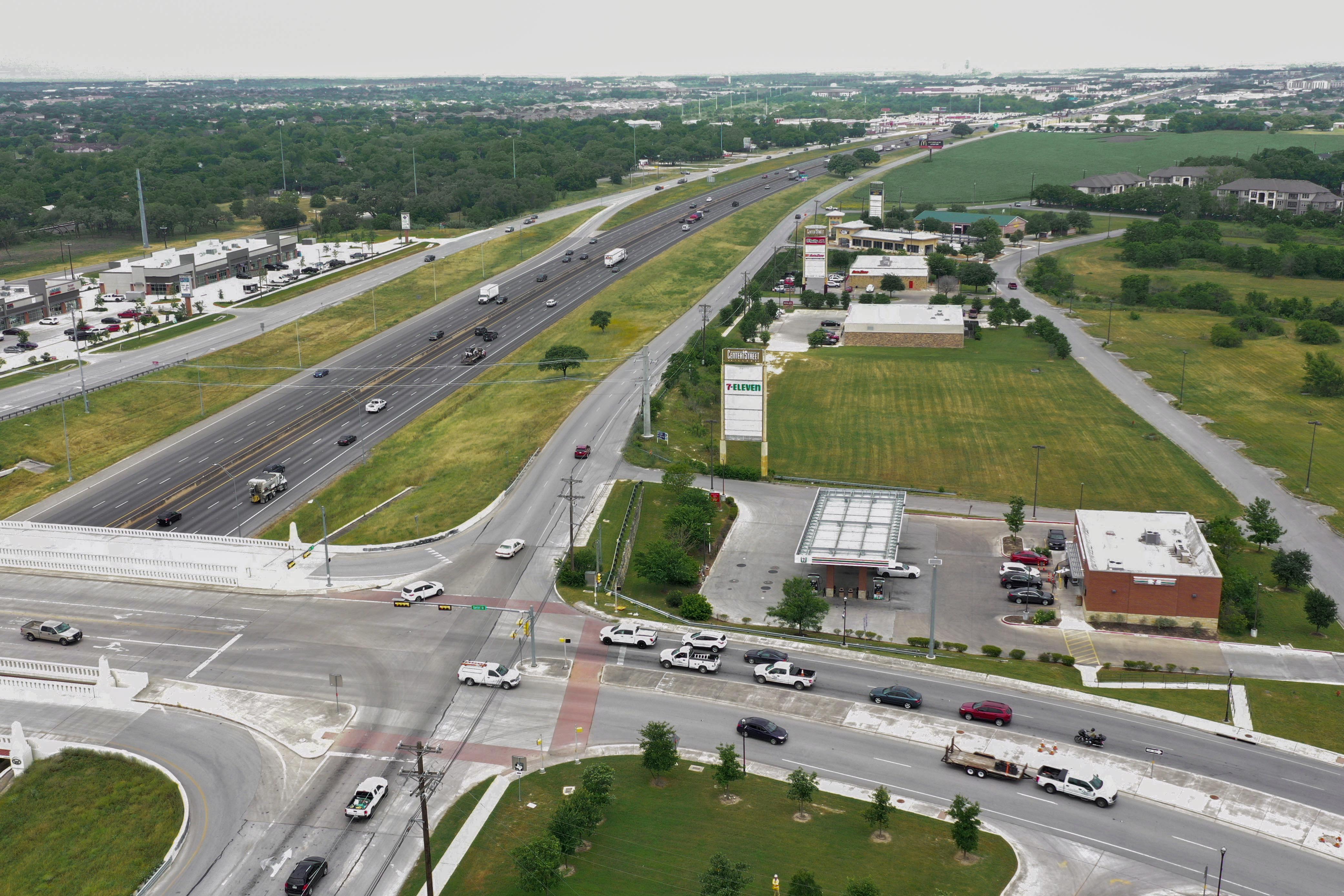 Northbound I-35 frontage road at RM 150 before construction starts